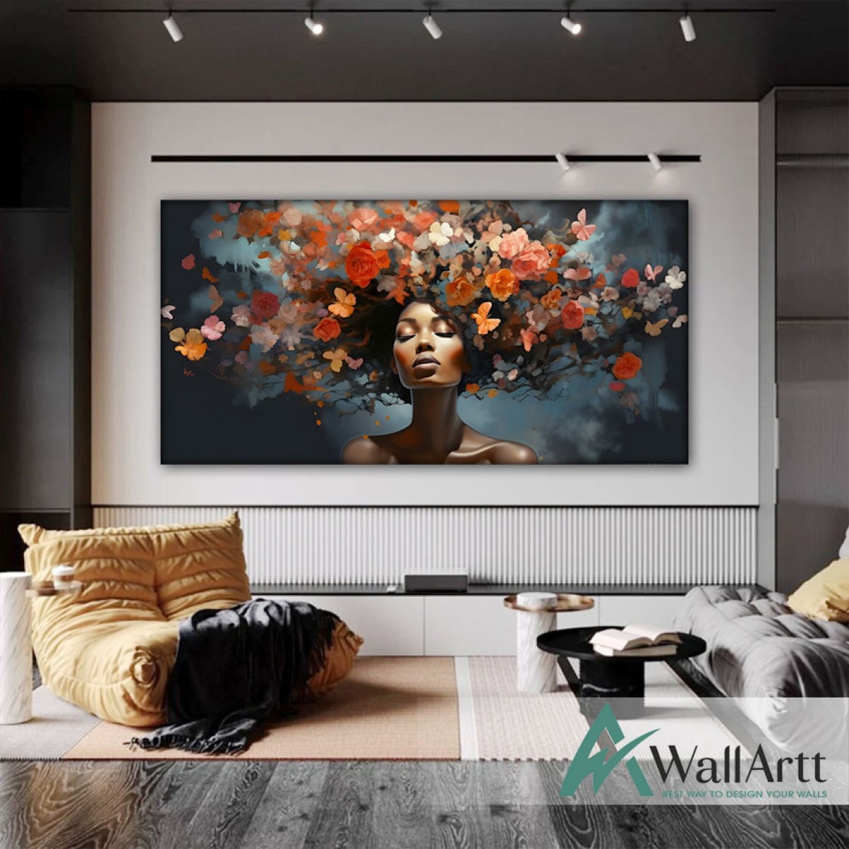 Woman with Flower and Butterfly Hair Textured Partial Oil Painting - Wall Art